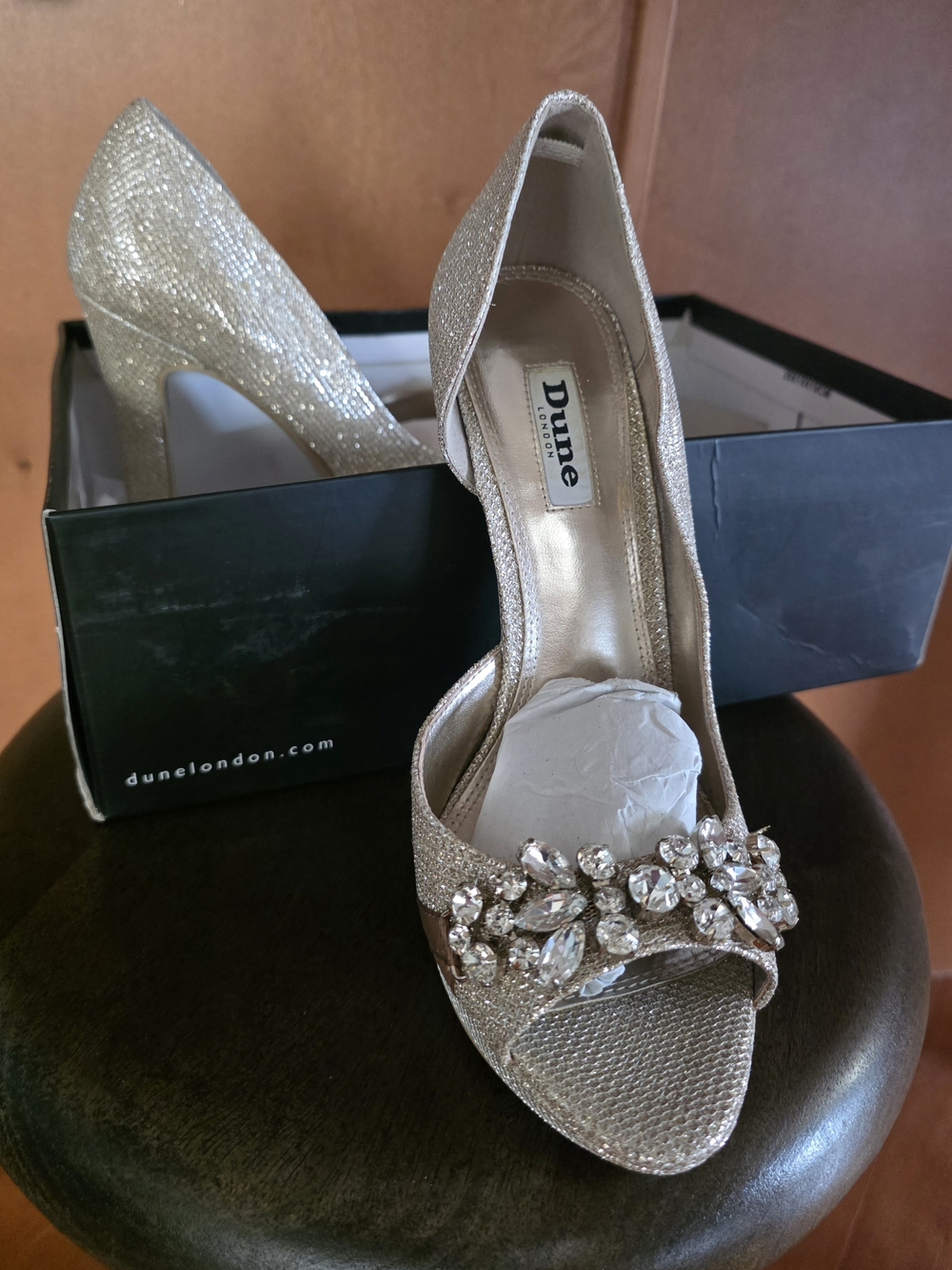 Dune London Gold Glitter Crystal Embellished Peep-Toe Heels